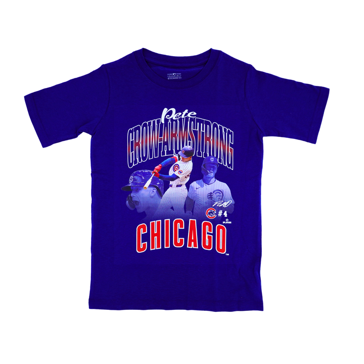 Chicago Cubs Pete Crow Armstrong Triple Pic Youth Tee by New Era Short Sleeve Tees OUTERSTUFF LLC