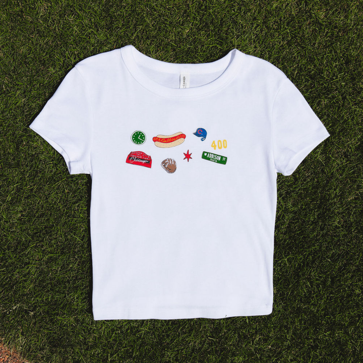 Chicago Cubs x Alice &amp; Wonder Icons Baby Tee — White Shirts SOFT AS A GRAPE