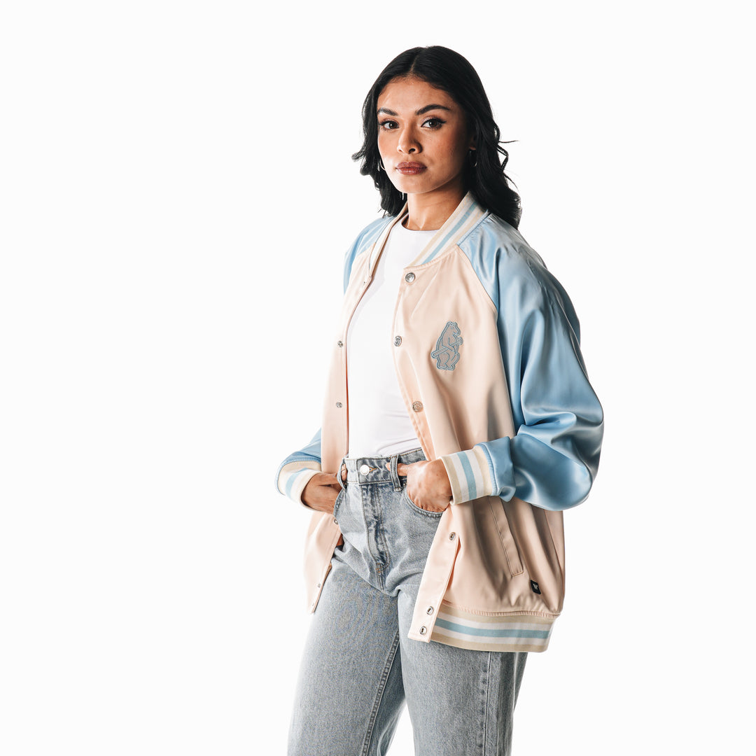 Chicago Cubs 1914 Women's Oversized Satin Bomber Jacket by The Wild Collective Jackets & Outerwear THE WILD COLLECTIVE