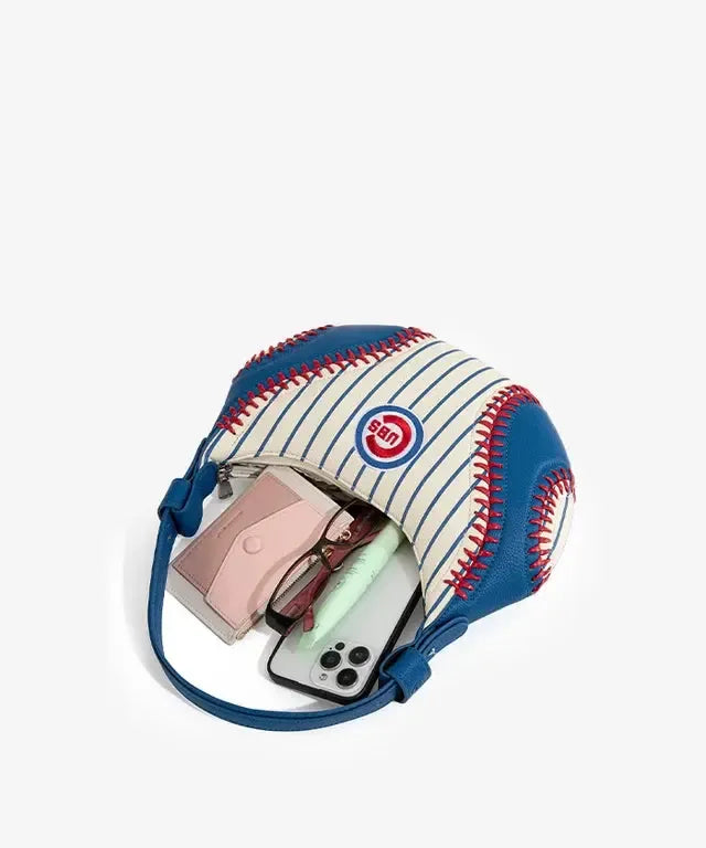 Chicago Cubs Curveball Baseball Stitch Hobo Bag in Royal and White Pinstripe by Montana West Bags MONTANA WEST
